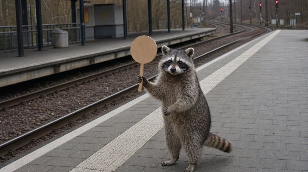 Gleisversteigerung Satire: Waschbär hält ein Auktionsschild auf einem leeren Bahnsteig