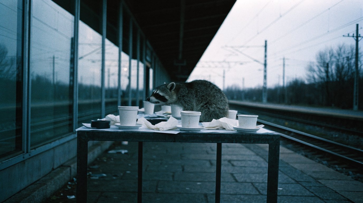 Feierstunde Streckenstilllegung Satire: Waschbär sitzt auf einem Stehtisch mit leeren Kaffeetassen an einem verlassenen Bahnsteig