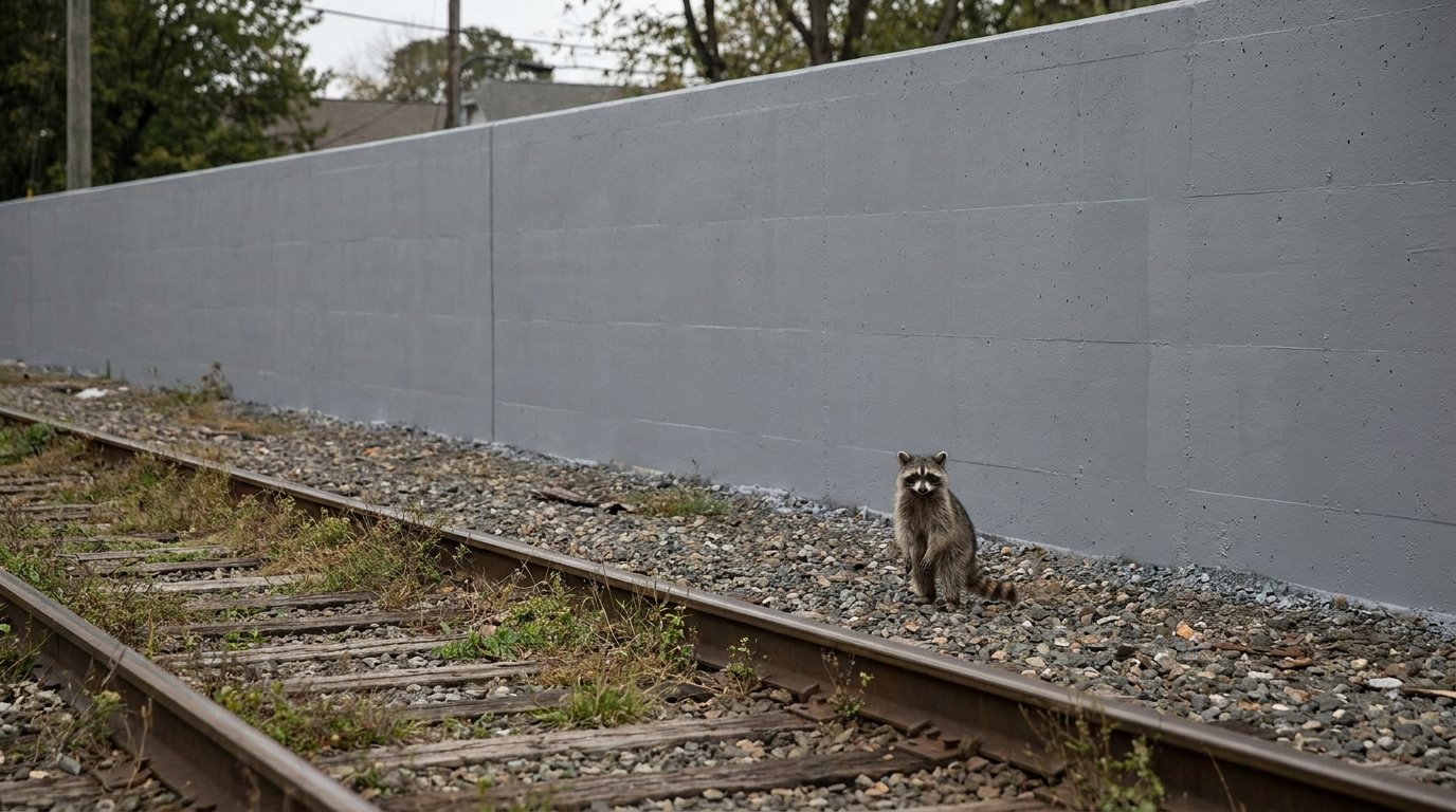 Graffiti Satire: Waschbär steht vor einer frisch grau gestrichenen Betonwand neben Gleisen