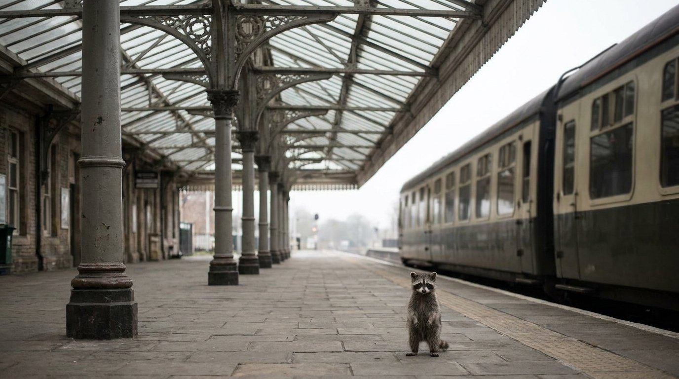 Großbritannien Satire: Waschbär steht auf einem britischen Bahnsteig unter einer Bahnhofshalle