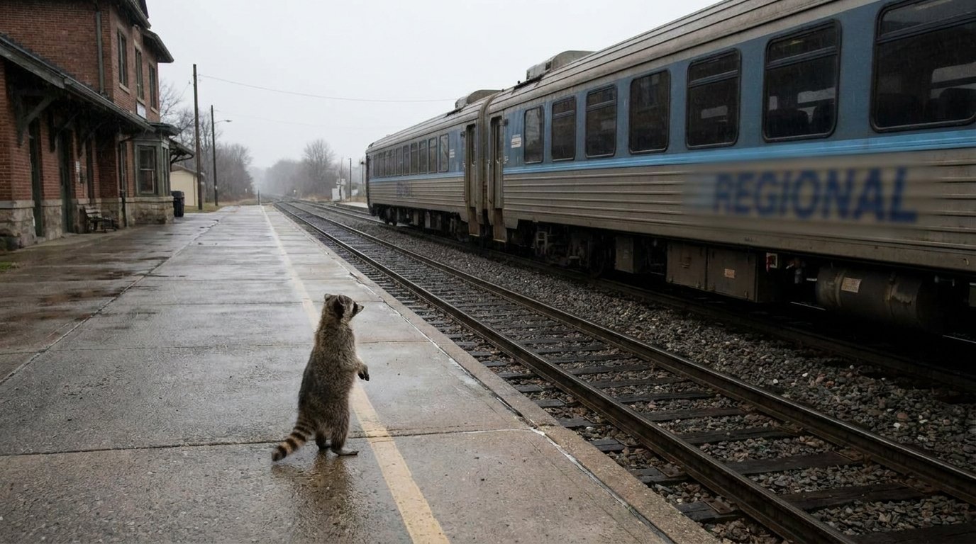 Gruppenticket Satire: Waschbär steht allein auf einem Bahnsteig vor einem kurzen Regionalzug