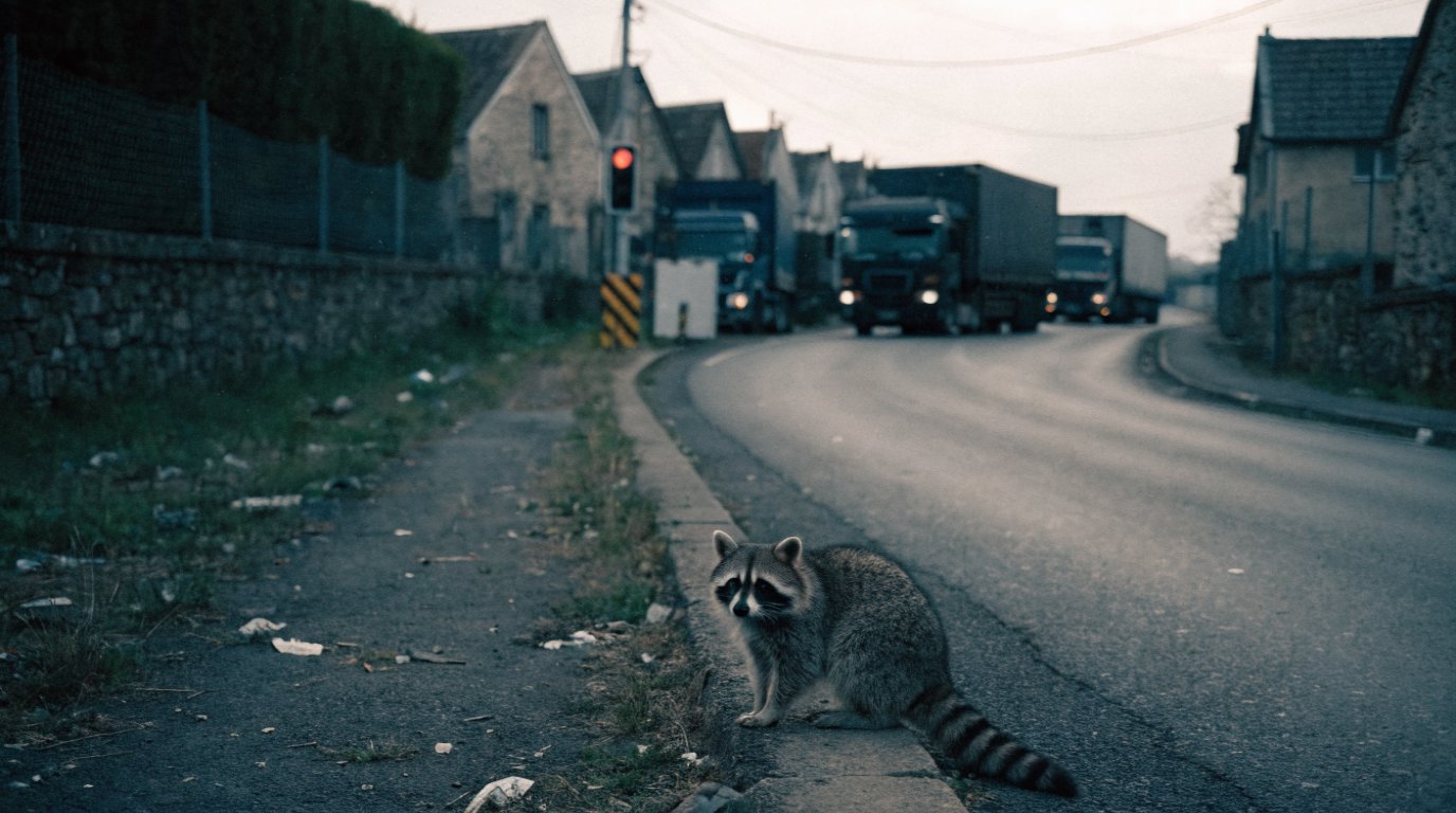Güterverlagerung Satire: Waschbär sitzt am Rand einer engen Ortsdurchfahrt, dahinter wartende Lastwagen an einer Baustellenampel
