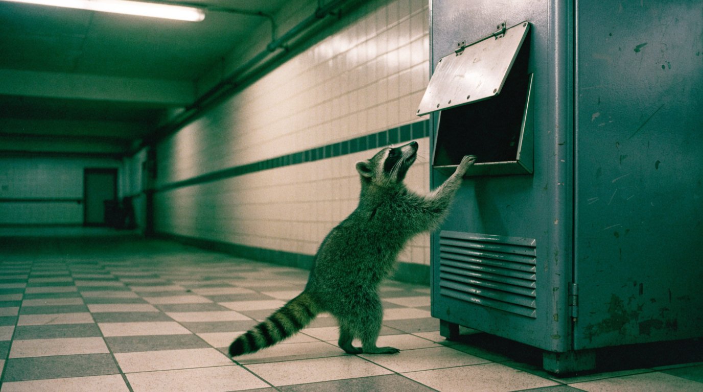Guthaben Erstattung Satire: Waschbär greift in die offene Münzrückgabe eines Automaten in einer Bahnhofsunterführung