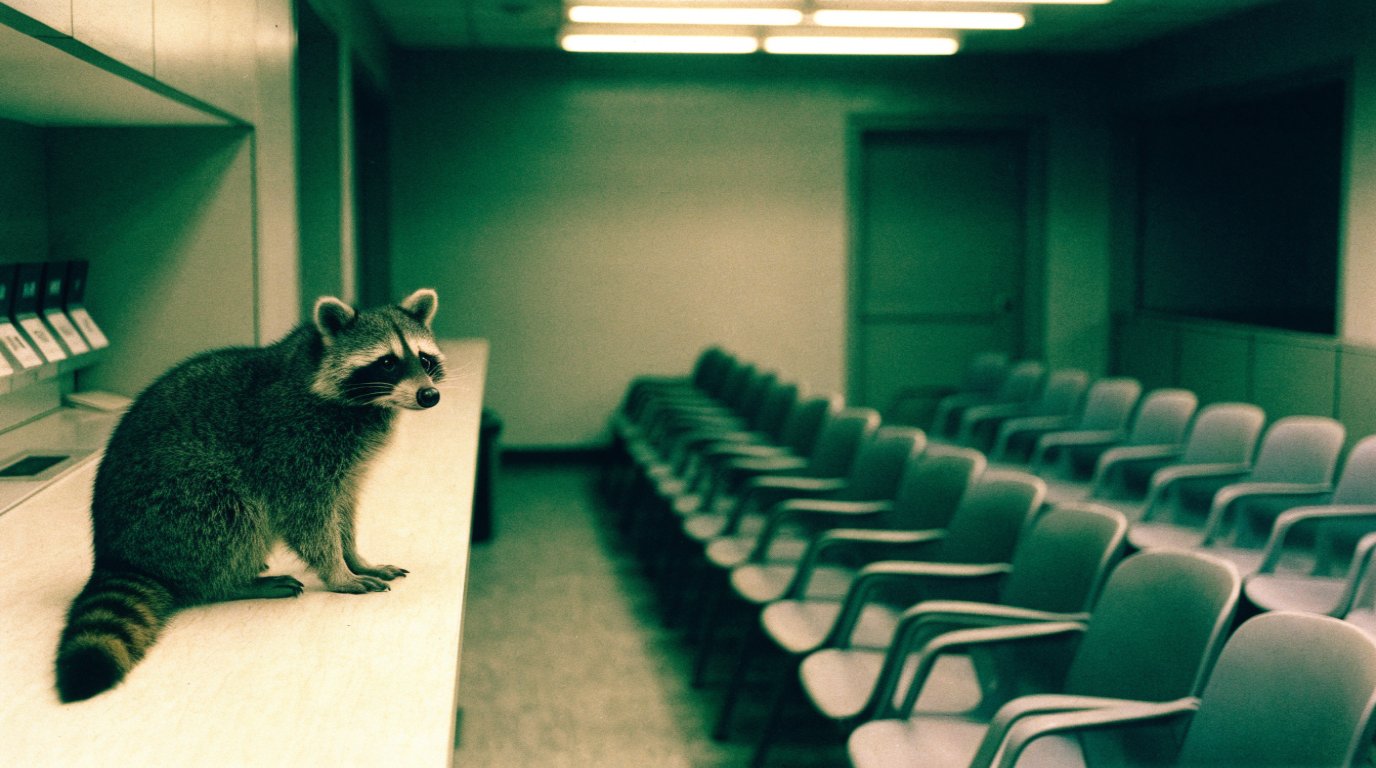 Härtefallantrag Satire: Waschbär sitzt auf einem Tresen in einem leeren Amtswarteraum mit Nummernautomat