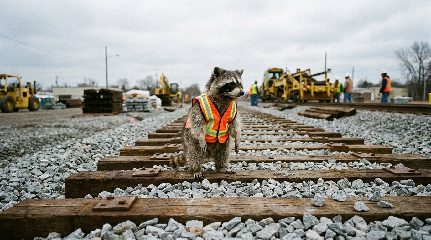 Hannover Minden Satire: Waschbär steht mit Warnweste auf einem frisch verlegten Gleis