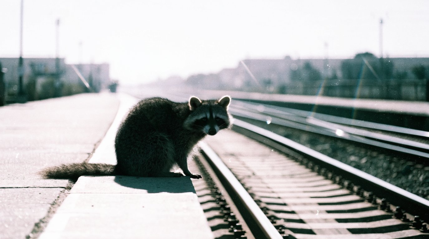 Hitzeplan Führerstand Satire: Waschbär sitzt im flirrenden Licht auf einem aufgeheizten Bahnsteig neben verzogenen Gleisen