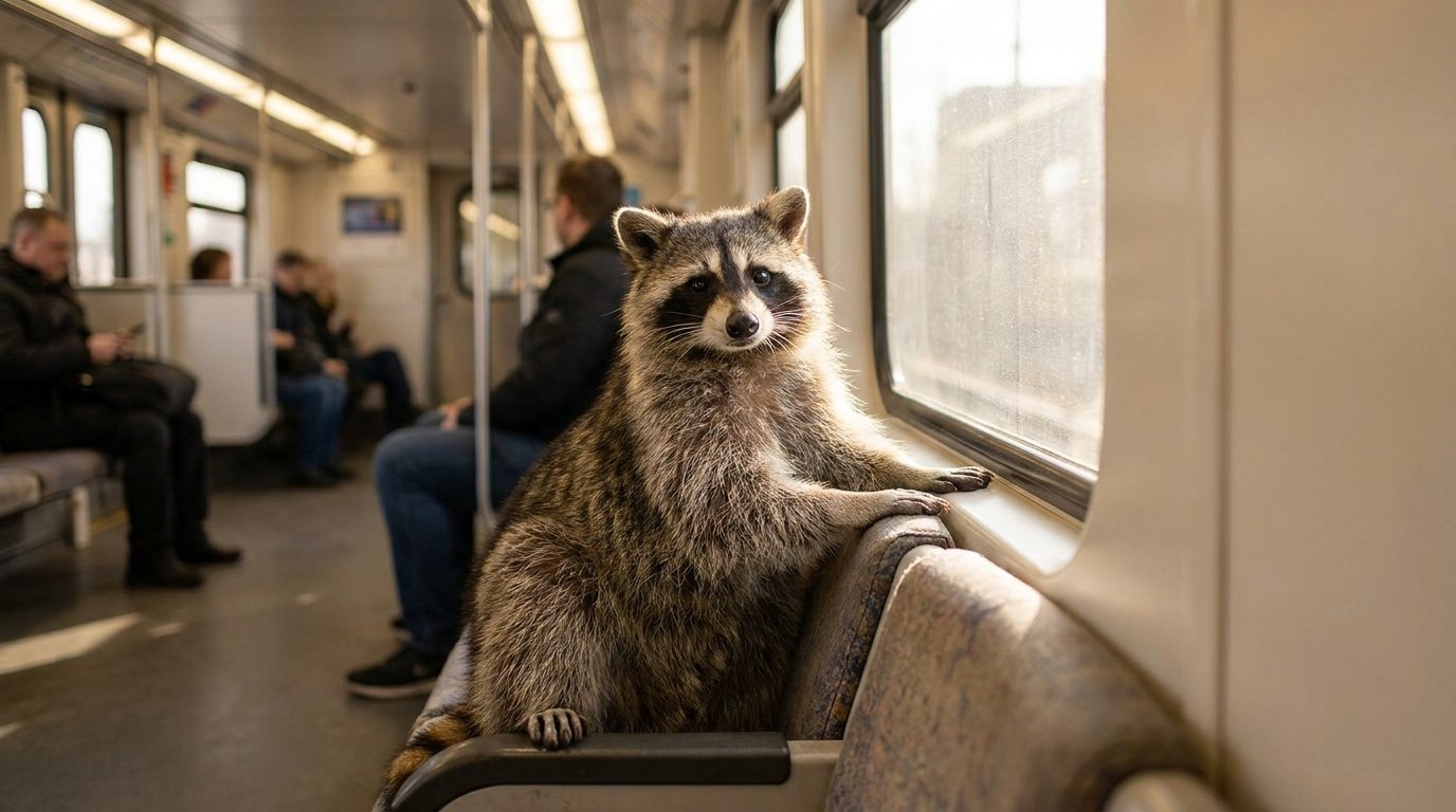 Hund Bahn Ticket Satire: Waschbär sitzt entspannt auf einem Zugsitz am Fenster