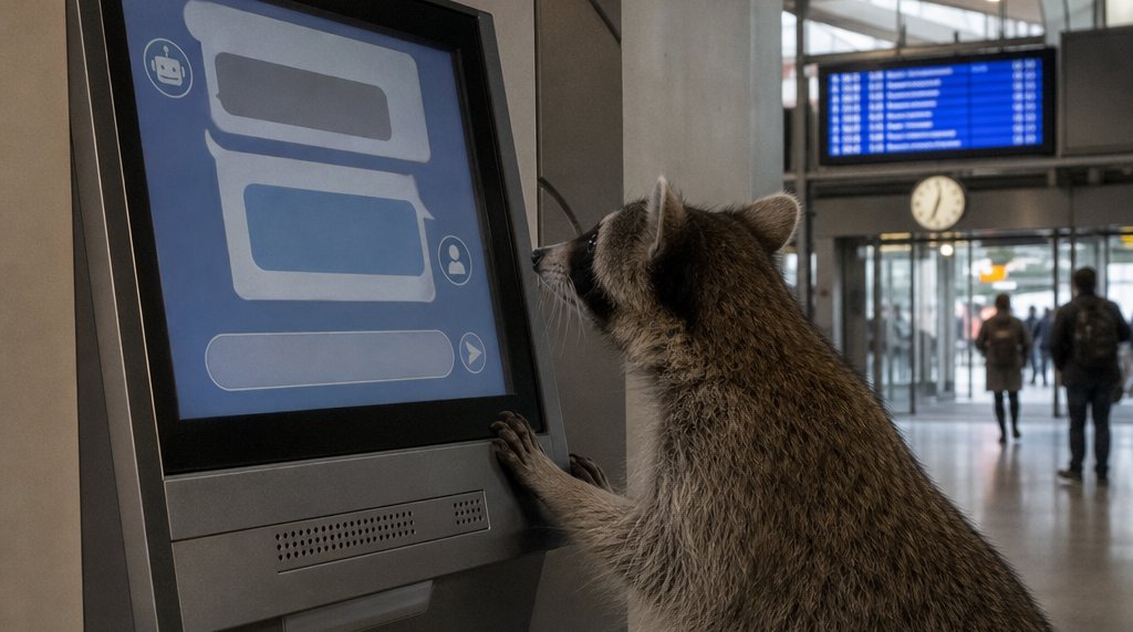 Beschwerde-KI Satire: Waschbär vor einem Touchscreen-Terminal mit Chatbot-Sprechblasen