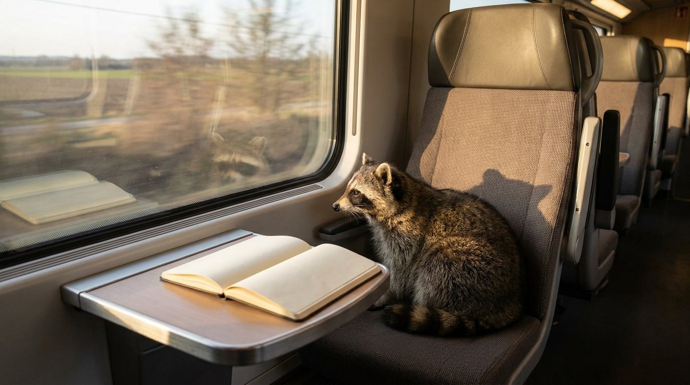 KI Fahrplan Satire: Waschbär sitzt am Fenster eines leeren Zugabteils und schaut auf einen aufgeschlagenen Notizblock