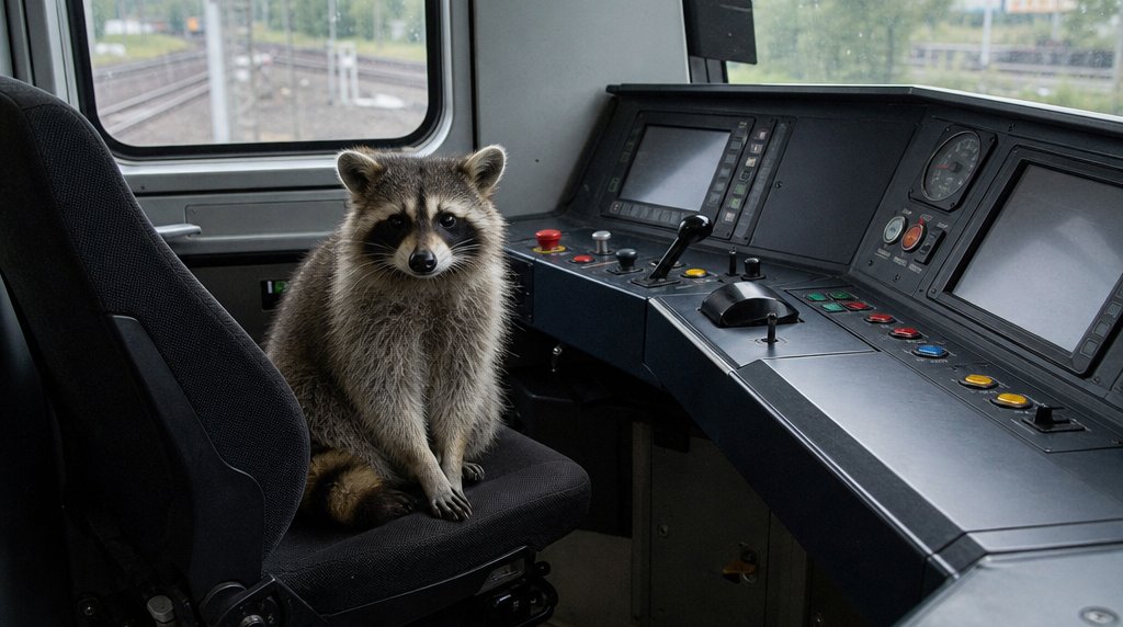 Autonomer Zug Satire: Waschbär sitzt in einem leeren Führerstand ohne menschlichen Lokführer