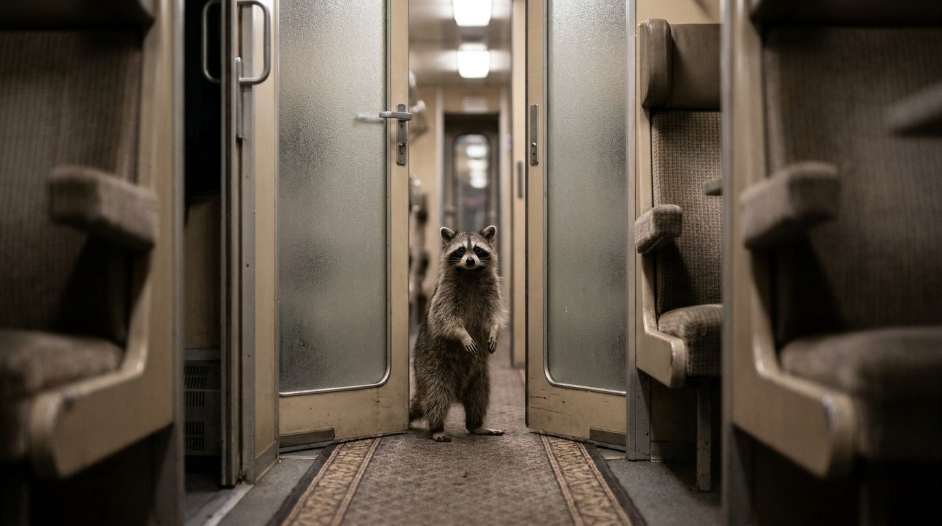 Kinderabteil Satire: Waschbär steht im Gang eines Zugwagens zwischen zwei Abteilen