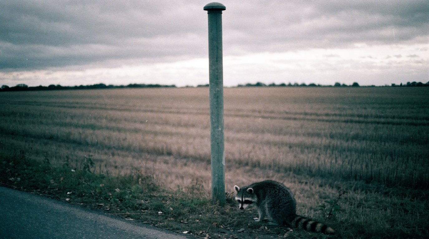 Klimageld Fläche Satire: Waschbär sitzt an einer Landstraße neben einer Bushaltestelle vor abgeernteten Feldern
