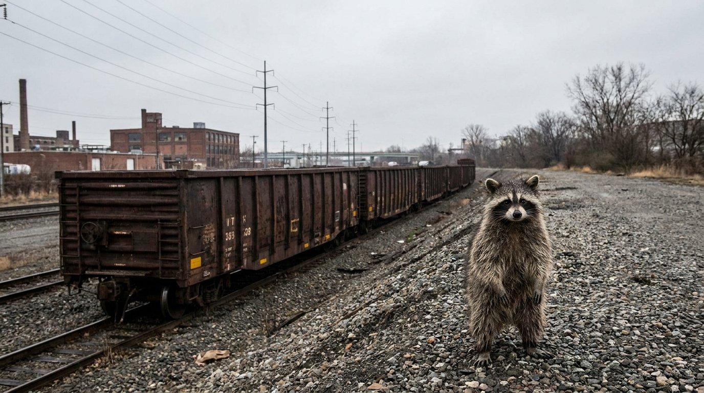 Klimaziel Satire: Waschbär steht auf einem Bahnsteig vor einer Reihe abgestellter Güterwagen