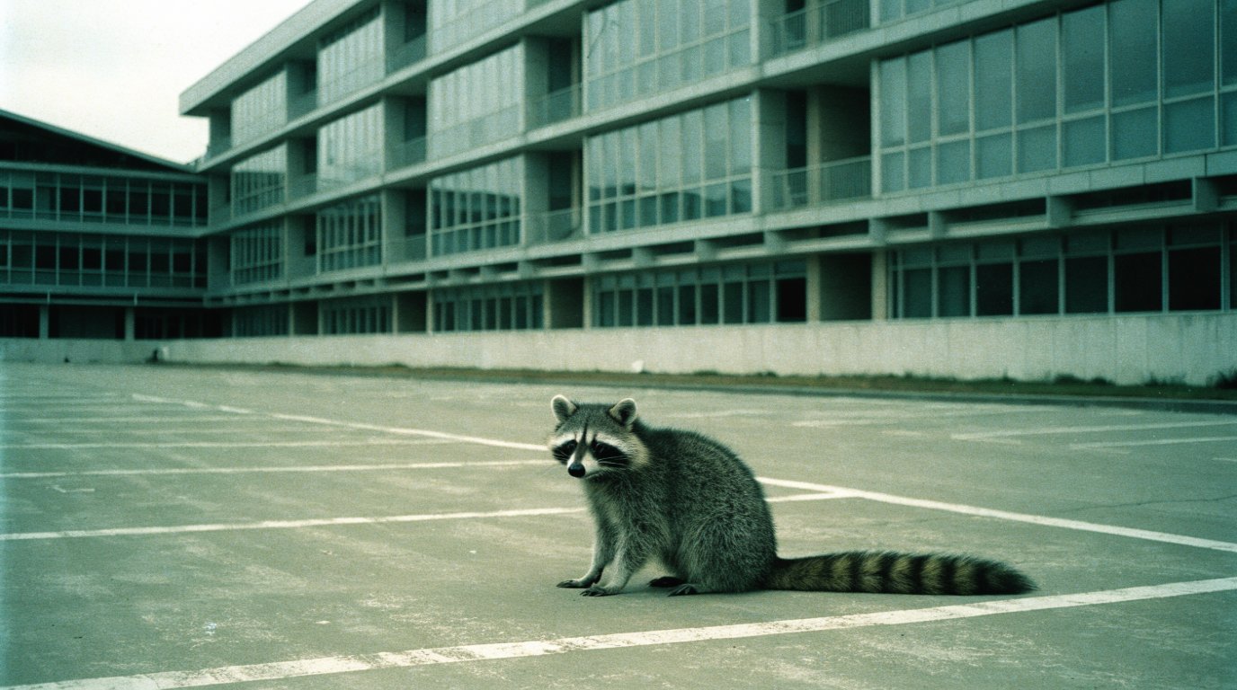 Klinikanbindung Satire: Waschbär sitzt auf einem riesigen leeren Parkplatz vor einem großen neuen Klinikgebäude