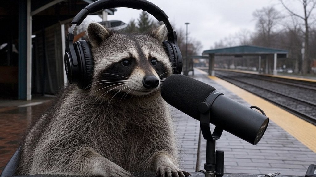 Podcast Satire: Waschbär mit großen Kopfhörern sitzt an einem Podcast-Mikrofon auf dem Bahnsteig