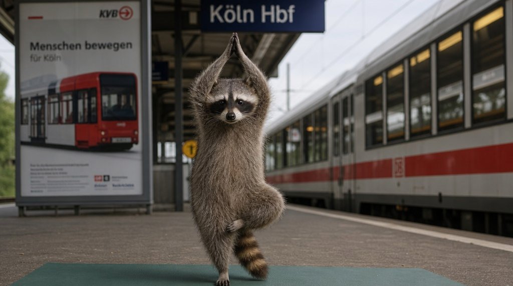 Konzern-Yoga Satire: Waschbär macht auf einem Bahnsteig eine Yoga-Haltung