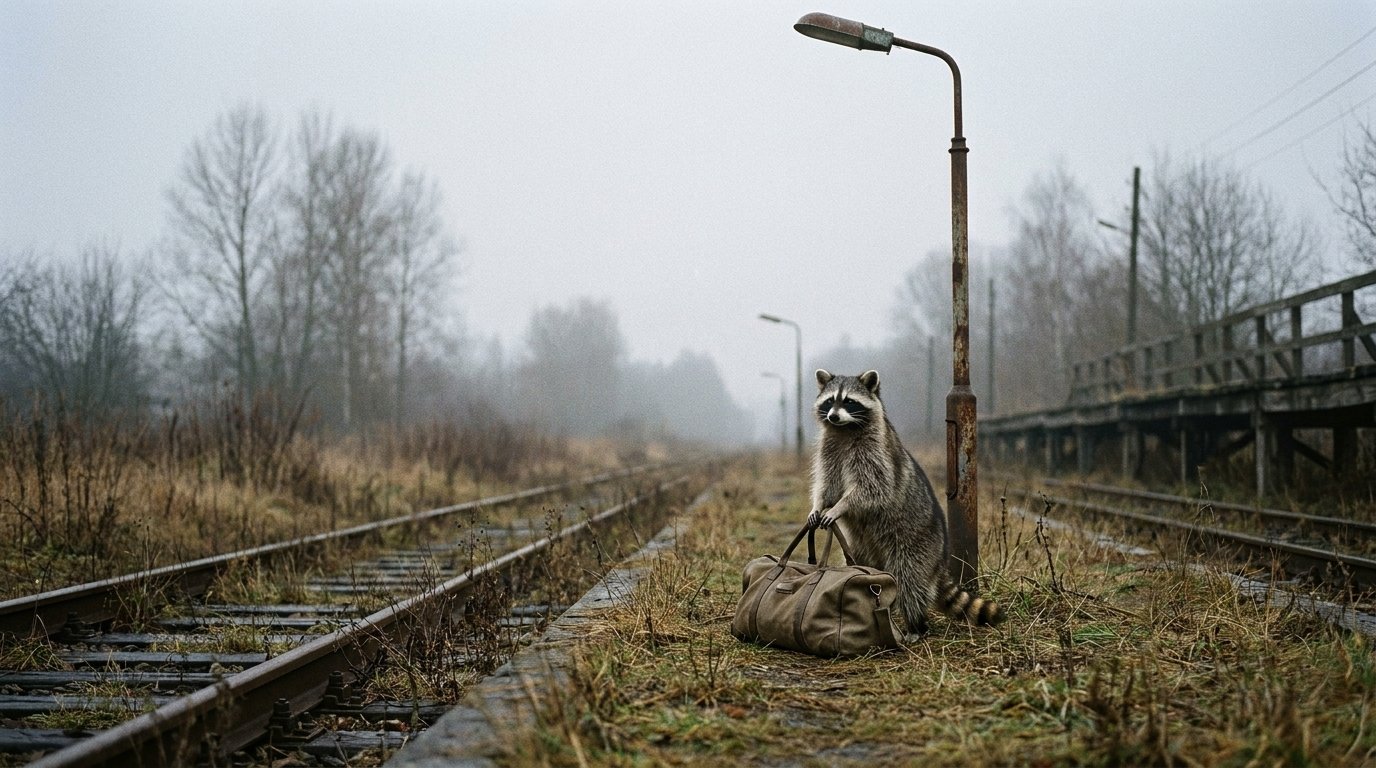 Krankenhausreform Satire: Waschbär steht mit einer kleinen Tasche auf einem verlassenen Landbahnsteig