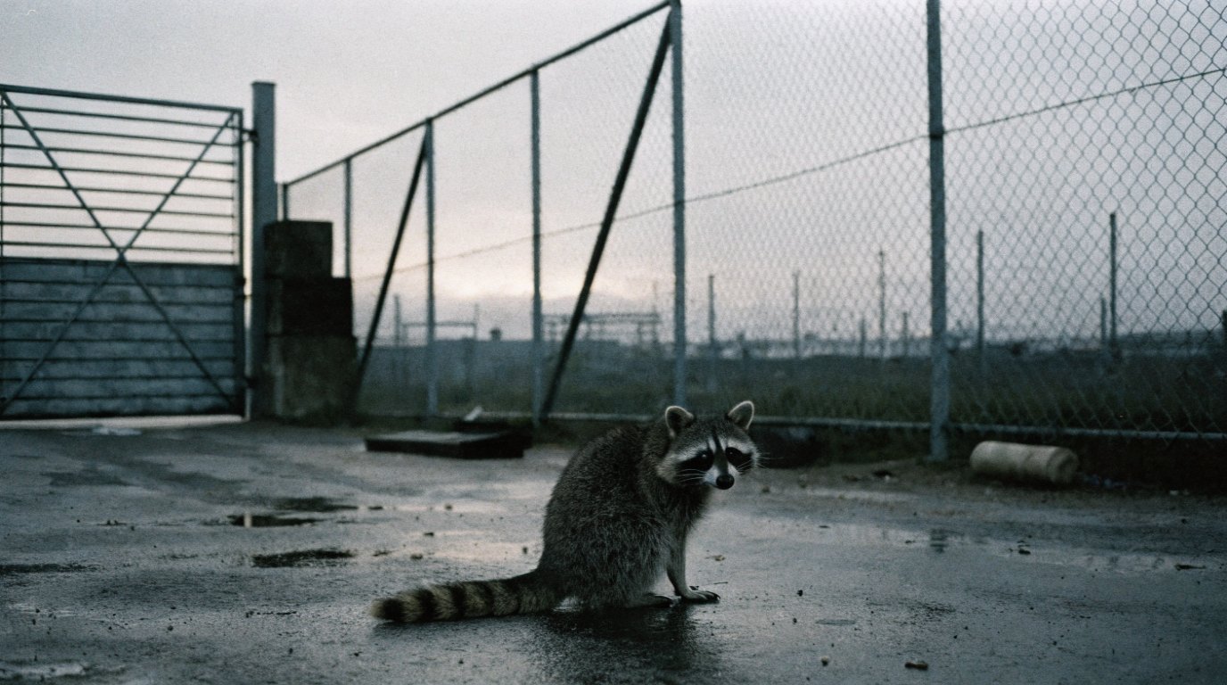 Kündigung Ersatzverkehr Satire: Waschbär sitzt frühmorgens an einer Ersatzhaltestelle vor einem Werkstor
