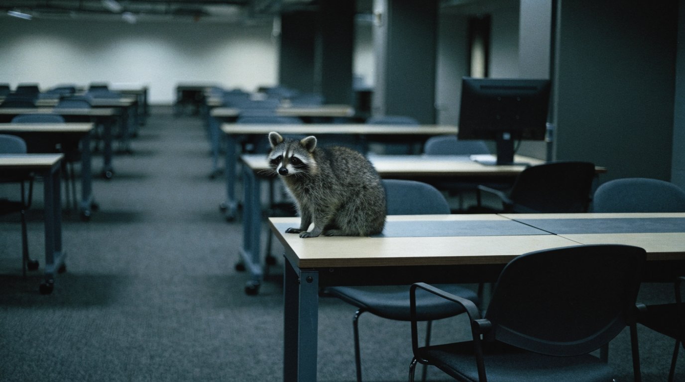 Kundenabgang Kennzahl Satire: Waschbär sitzt allein in einem leeren Großraumbüro vor einem dunklen Bildschirm
