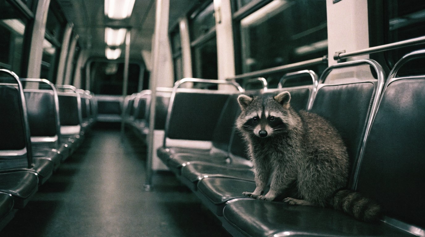 Kundenbefragung Selektion Satire: Waschbär sitzt allein in einem hell erleuchteten leeren Großraumwagen