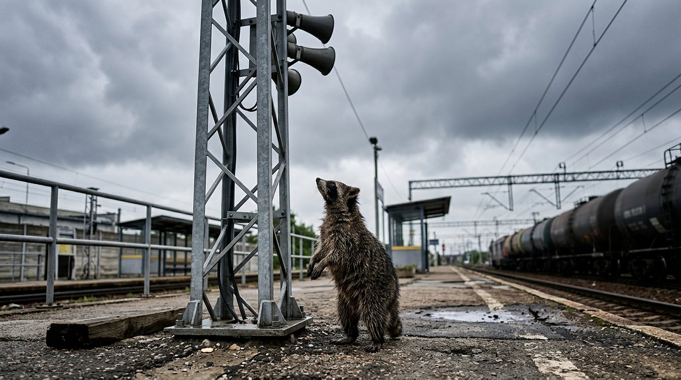 Lautsprecher Satire: Waschbär steht auf einem Bahnsteig und blickt zu einem Lautsprechermast hinauf
