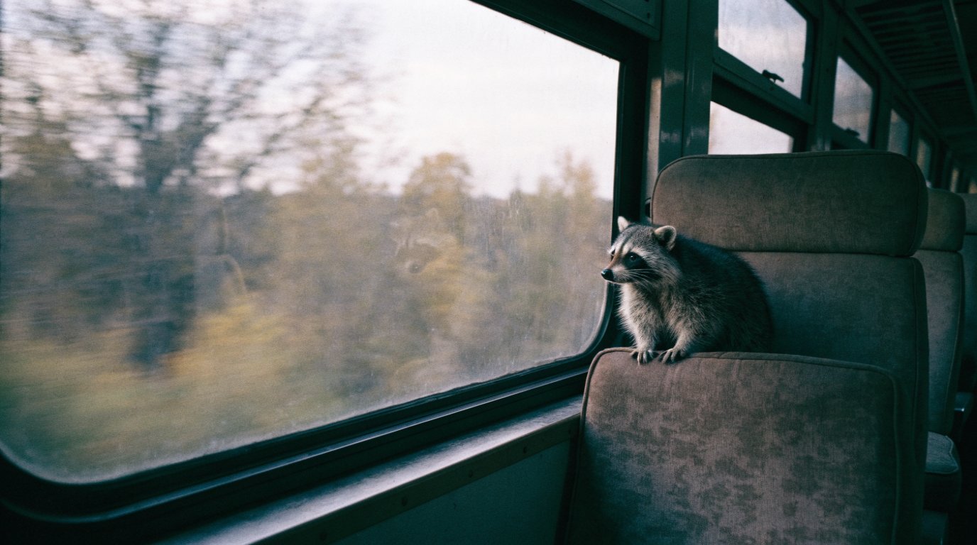 Letzte Fahrt Nebenstrecke Satire: Waschbär sitzt am Fenster eines leeren Abteils, draußen zieht die Landschaft vorbei