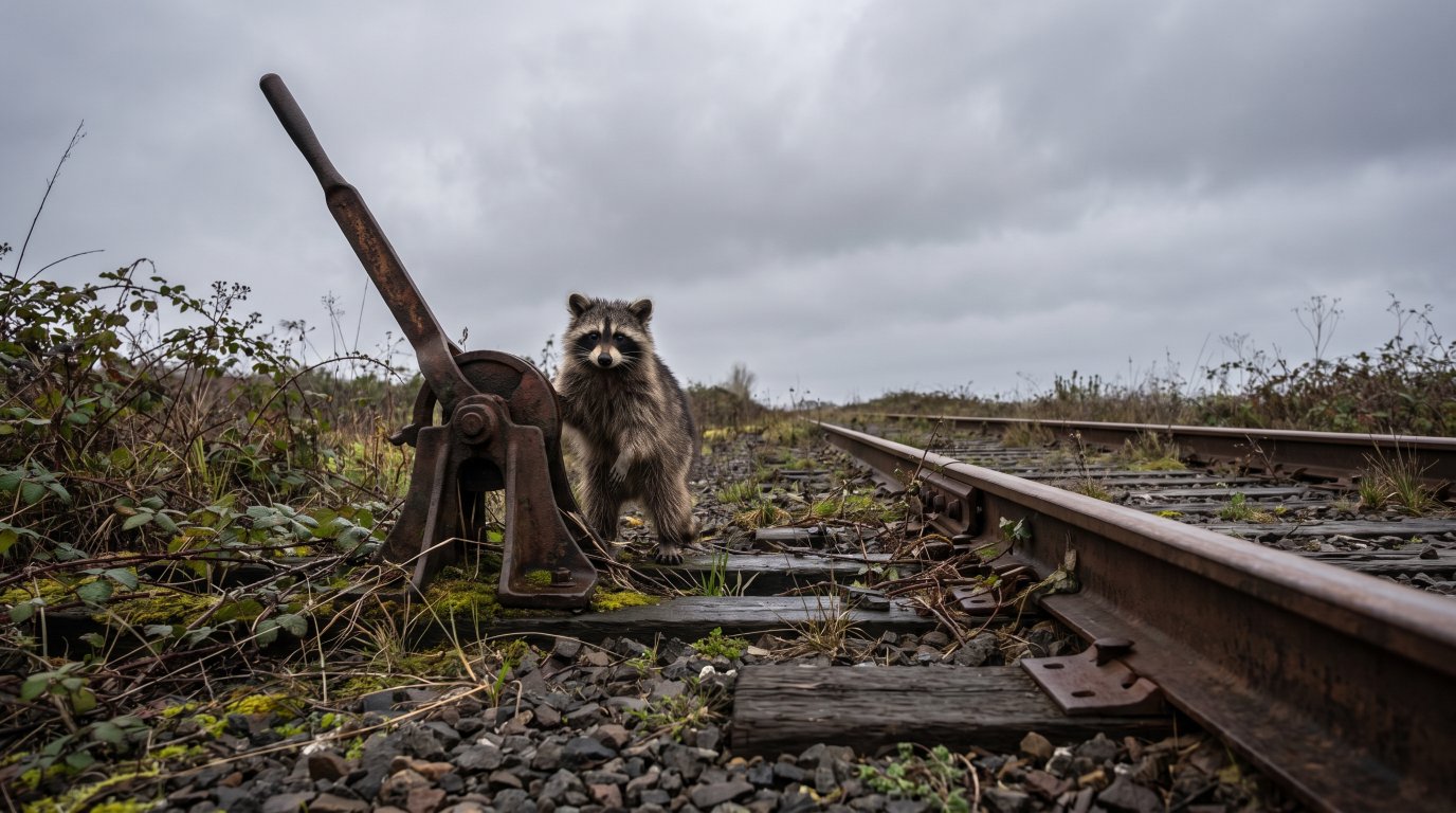Weichen Satire: Waschbär steht neben einer alten Weiche im Gleisbett
