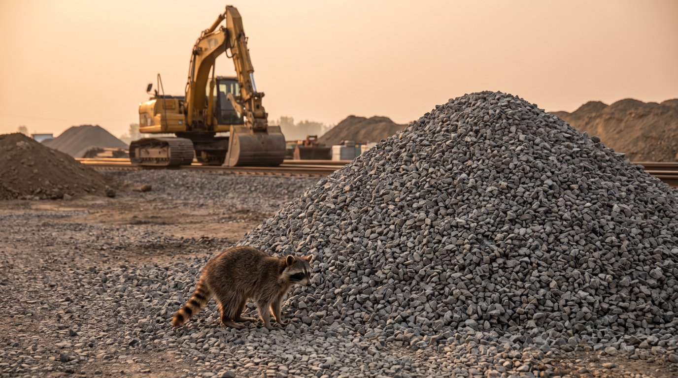 Schotter Satire: Waschbär steht neben einem großen Schotterhaufen an einer Baustelle