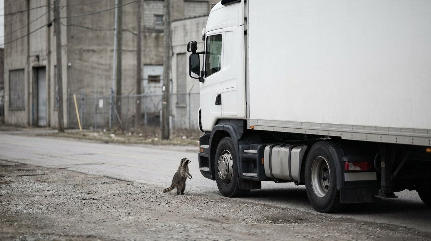 Lkw-Maut Satire: Waschbär steht an einer Straße neben einem parkenden Lastwagen