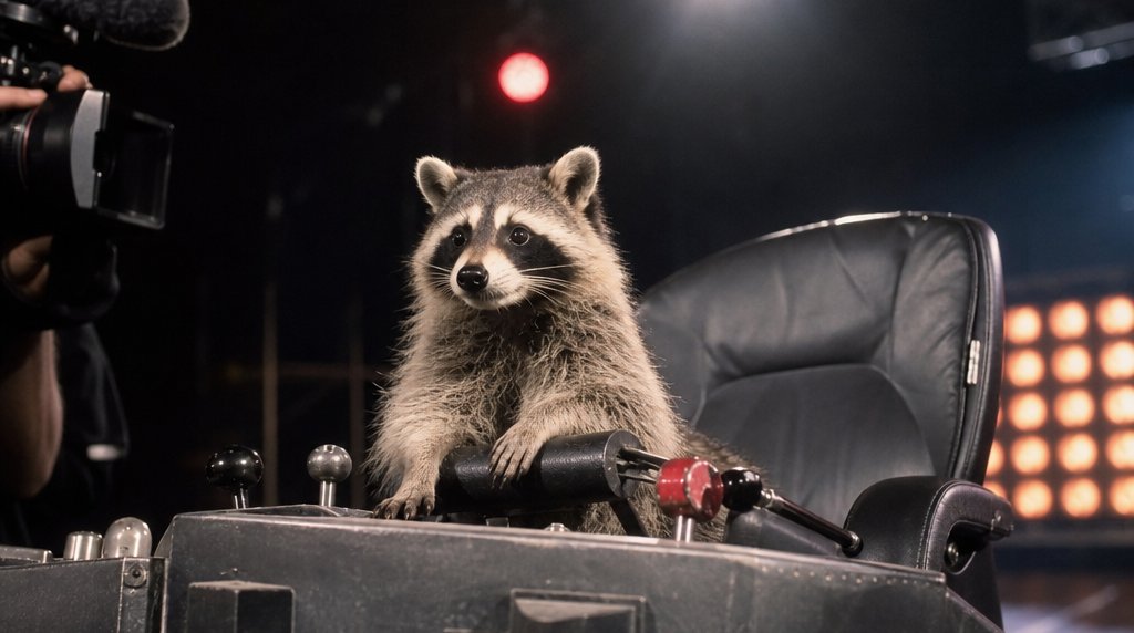 Casting Satire: Waschbär sitzt in einem nachgebauten Führerstand auf einer hell beleuchteten Castingshow-Bühne