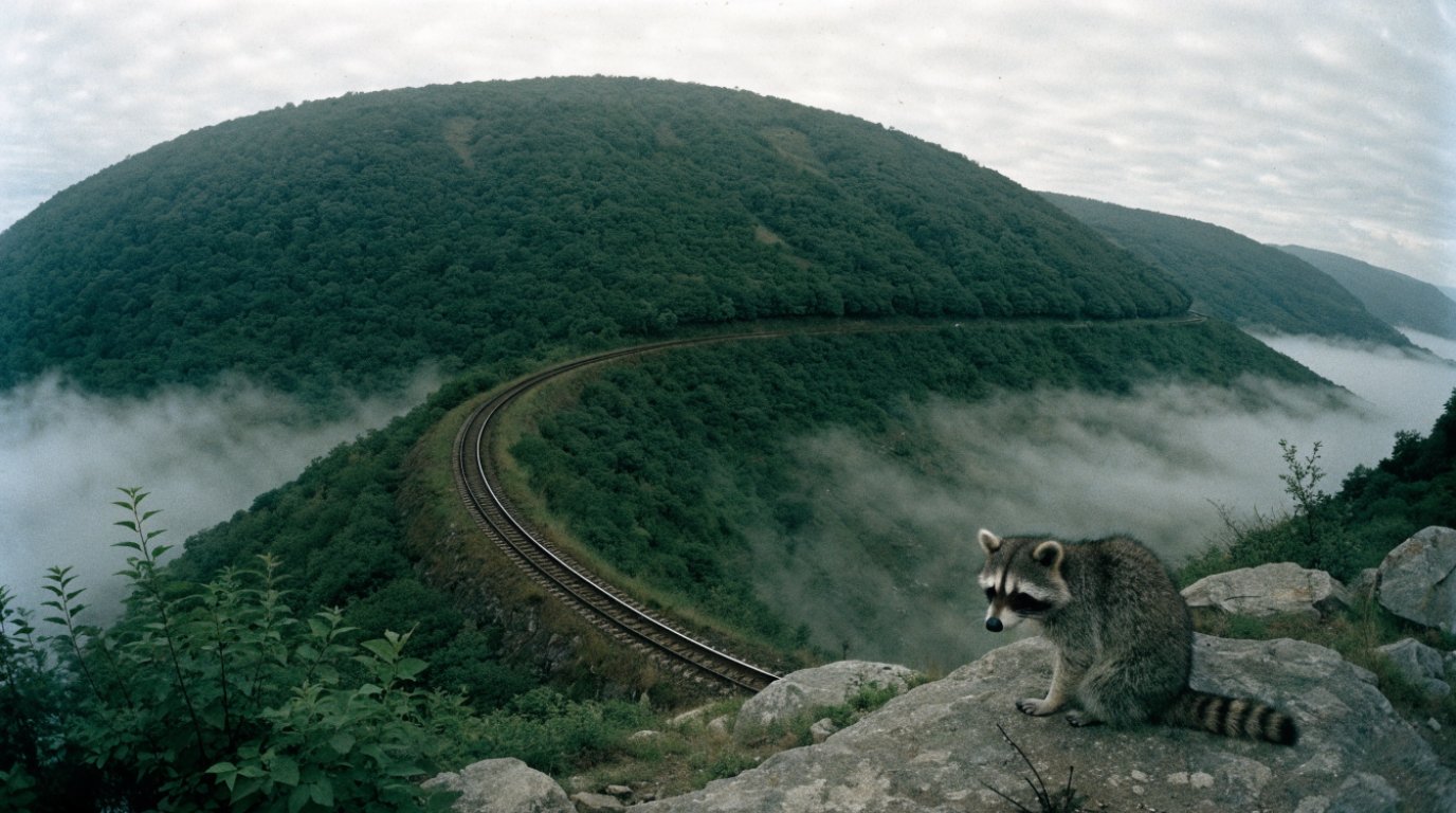 Luftlinie Preisstufe Satire: Waschbär sitzt auf einem Felsen über einer Bahnstrecke, die in weitem Bogen um einen Berg führt