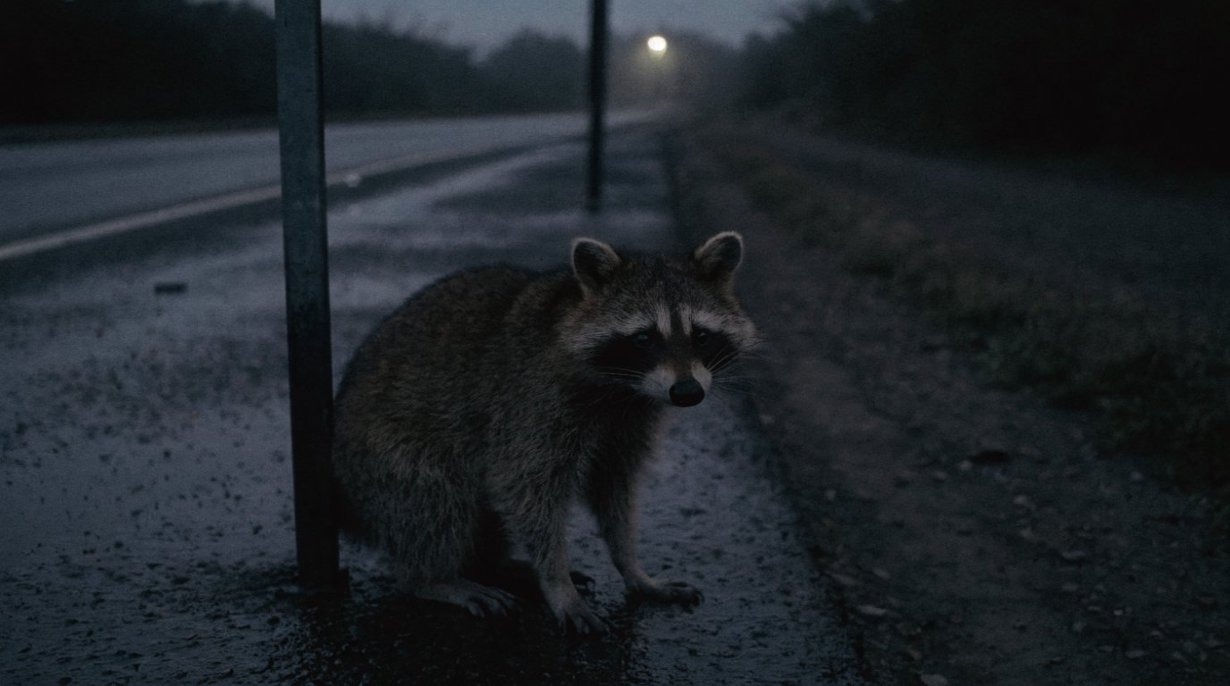 Meldetermin Sanktion Satire: Waschbär sitzt frühmorgens im Dunkeln an einer Ersatzhaltestelle ohne Wartehäuschen