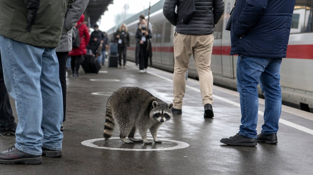 Abstandsmarkierung Satire: Waschbär steht in einem kleinen aufgemalten Kreis auf einem vollen Bahnsteig