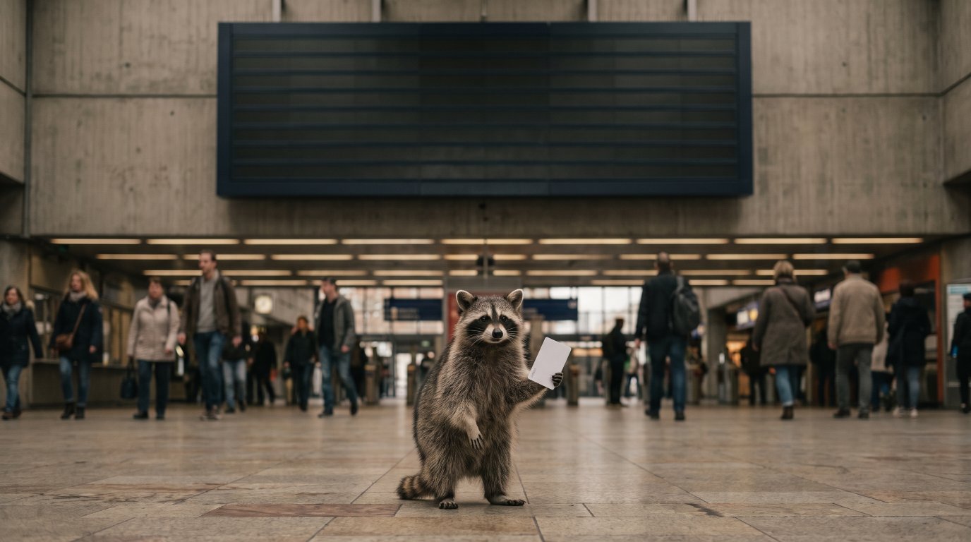BahnCard Satire: Waschbär steht neben einer Bahnhofsanzeige mit einer Karte in der Pfote
