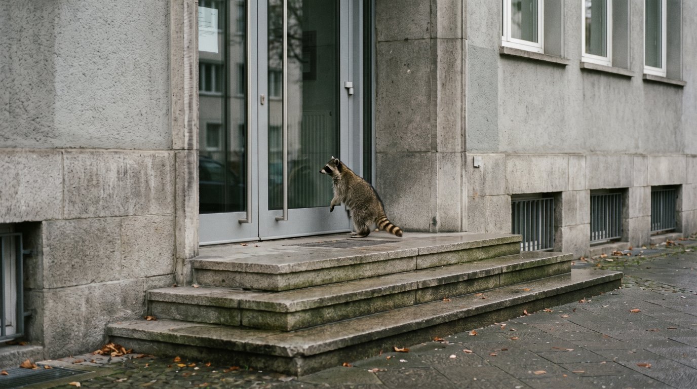 Musterung Satire: Waschbär steht vor einem Verwaltungsgebäude mit geschlossener Tür