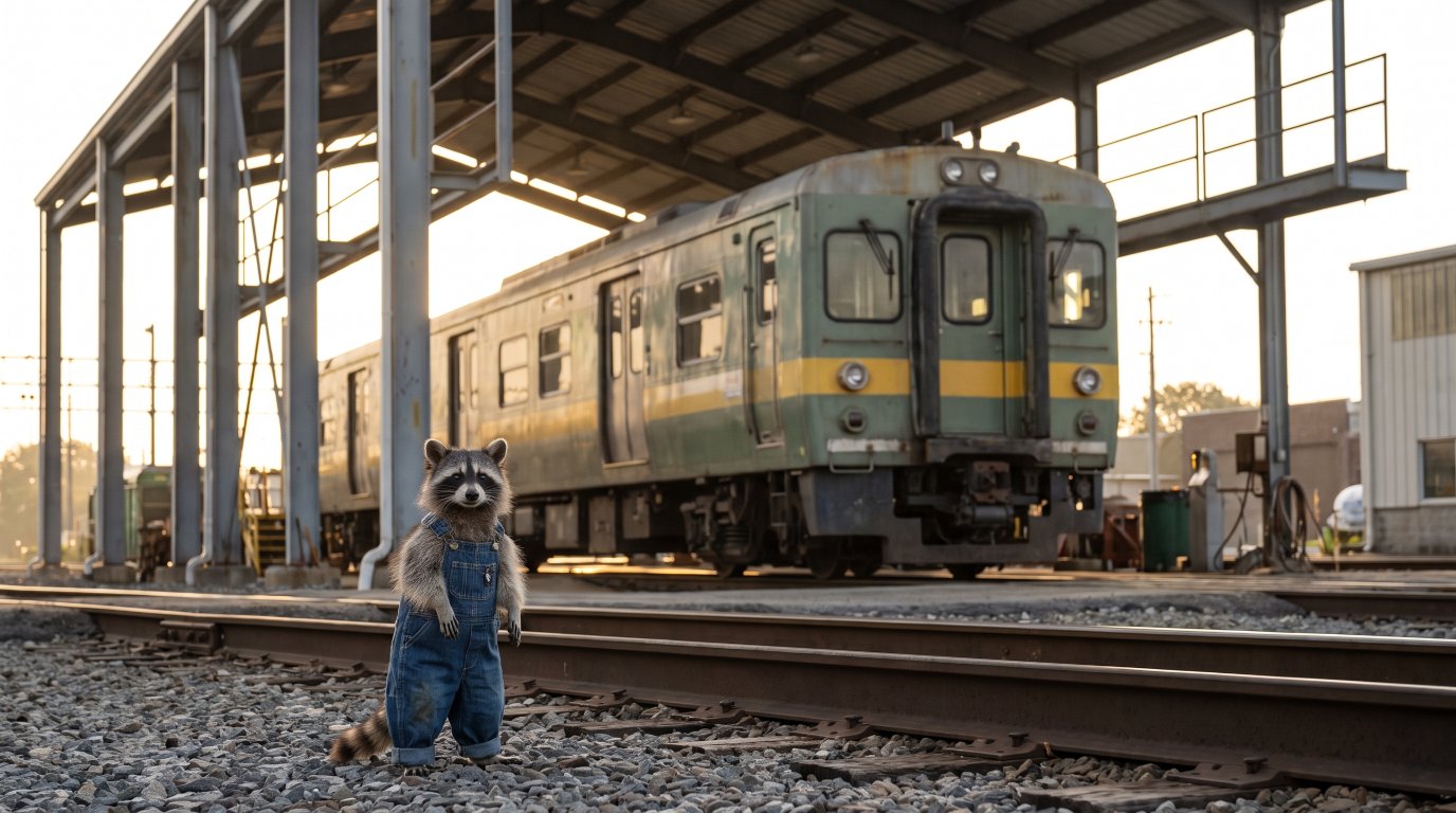 Nachwuchs Satire: Waschbär steht in Arbeitskleidung vor einem Triebwagen im Betriebshof