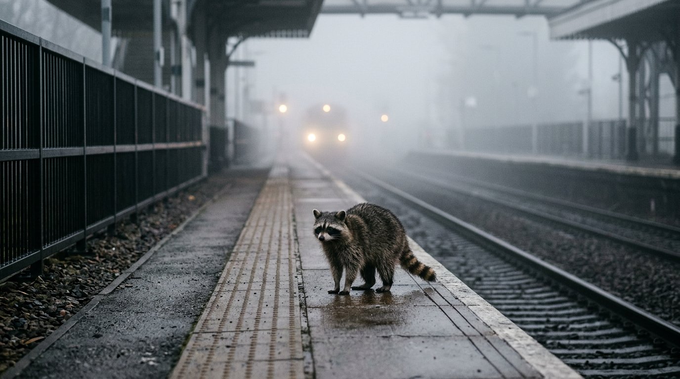 Nebel Satire: Waschbär steht auf einem nebligen Bahnsteig, im Hintergrund verschwimmen Lichter