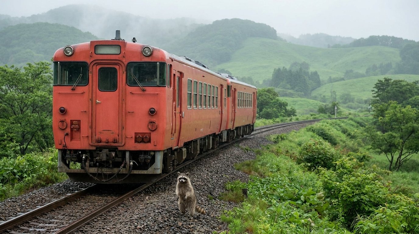 Neigetechnik Satire: Waschbär steht neben einem roten Regionalzug in einer hügeligen Landschaft