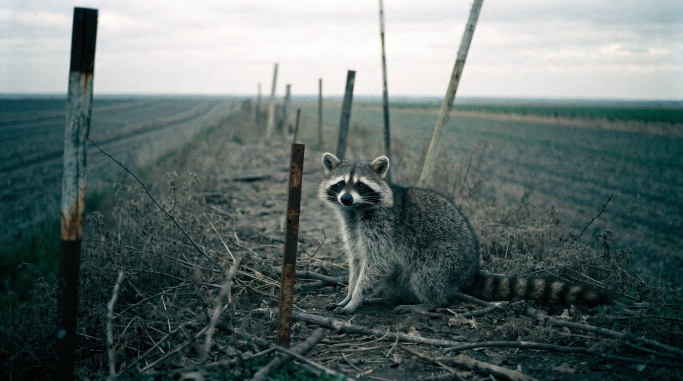 Planungsstillstand Satire: Waschbär sitzt auf einem brachliegenden Streifen zwischen Feldern neben verwitterten Vermessungspflöcken