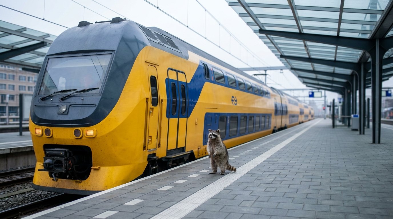 Niederlande Satire: Waschbär steht auf einem modernen Bahnsteig mit gelben Zügen
