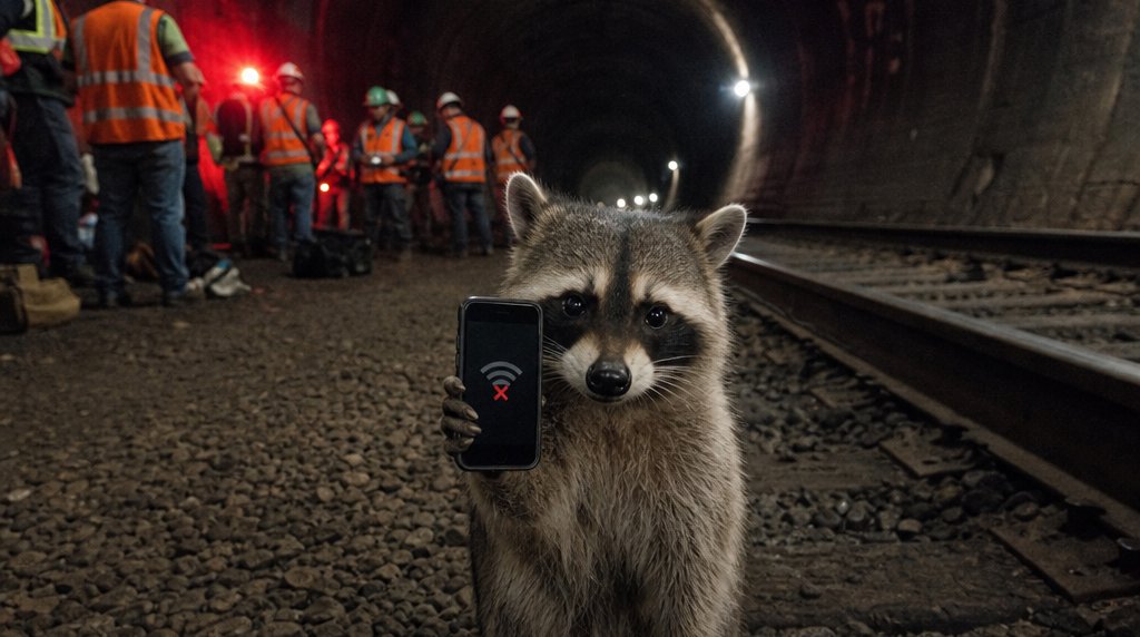 Notfall-App Satire: Waschbär hält im dunklen Bahntunnel ein Smartphone ohne Empfang hoch