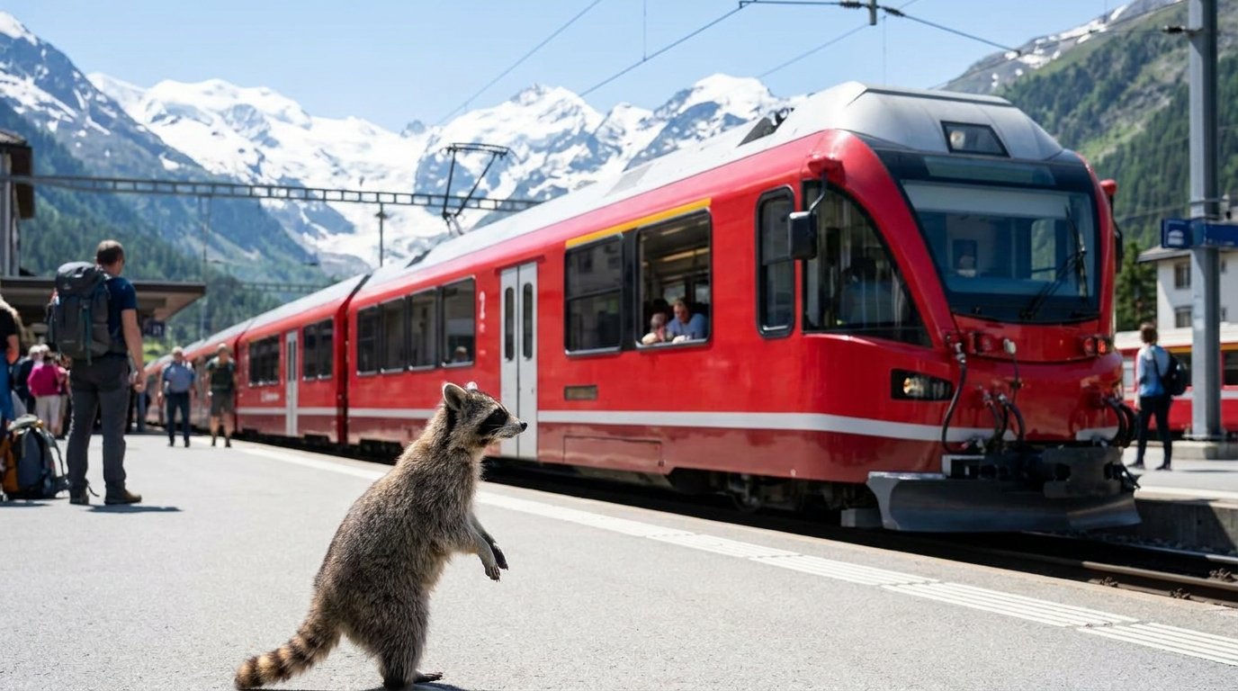 ÖBB Grenze Satire: Waschbär steht auf einem Bahnsteig vor einem roten Zug mit Bergpanorama im Hintergrund
