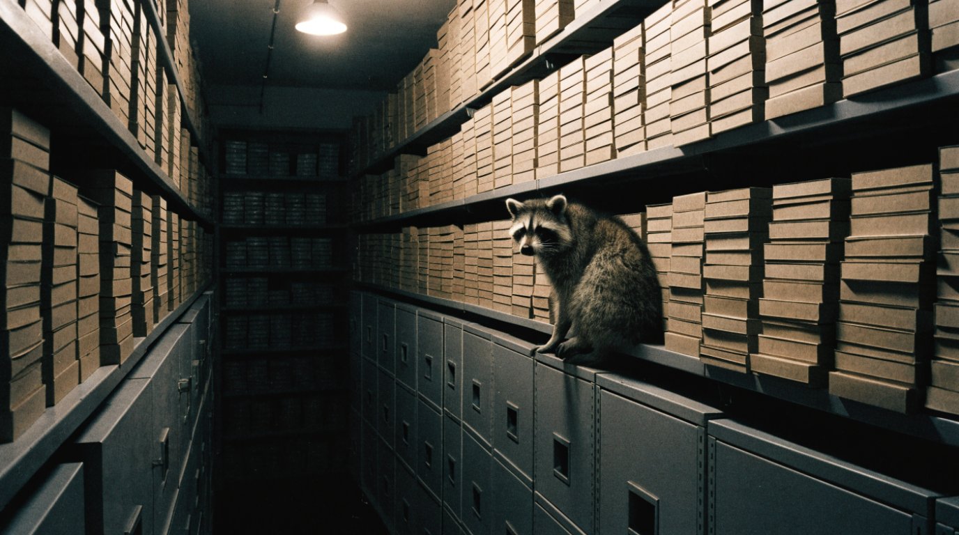 Open Data Freigabe Satire: Waschbär sitzt zwischen unbeschrifteten Archivkartons in einem langen Aktenraum