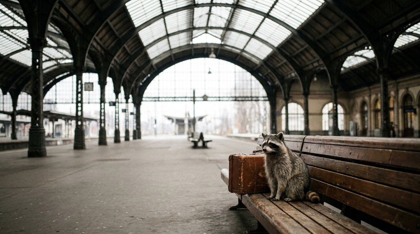 ICE Berlin Paris Satire: Waschbär sitzt mit einem kleinen Koffer auf einer Bank in einer großen Bahnhofshalle