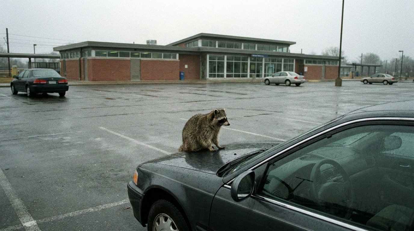 Park and Ride Satire: Waschbär sitzt auf der Motorhaube eines Autos auf einem leeren Parkplatz vor einem Bahnhof
