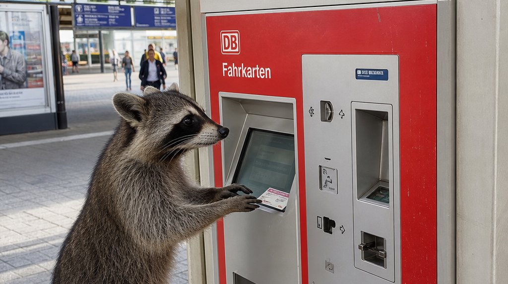 Pendler-Pass Satire: Waschbär hält an einem Bahnhofsautomaten eine Stempelkarte in der Hand