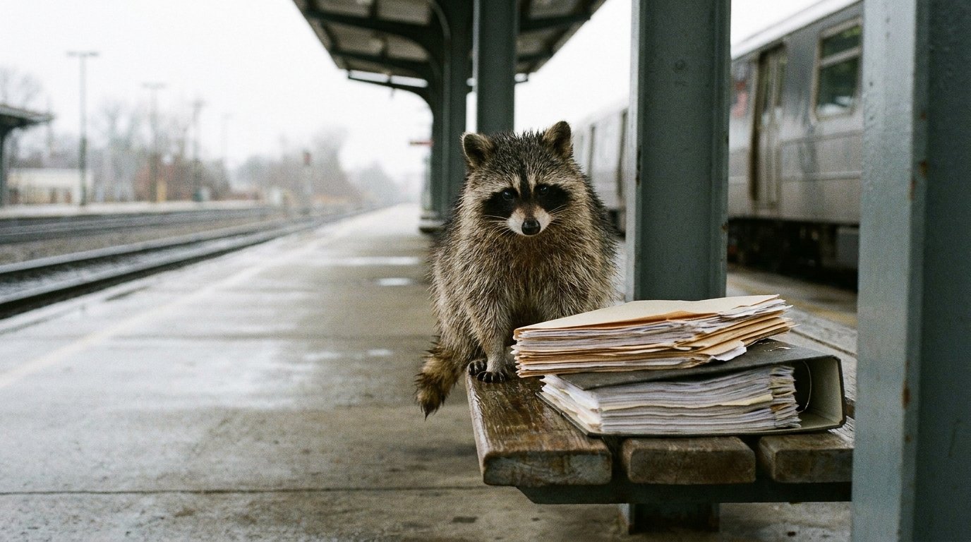 Pendlerpauschale Satire: Waschbär sitzt mit einem dicken Aktenordner auf einer Bahnsteigbank