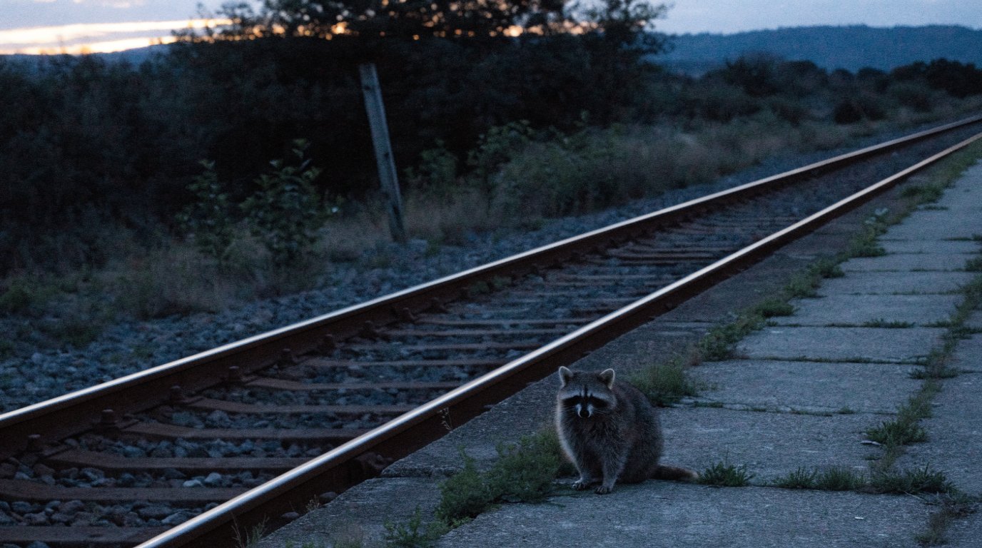 Pflegegrad Streckenstilllegung Satire: Waschbär sitzt abends auf einem unbeleuchteten Bahnsteig einer stillgelegten Landstation