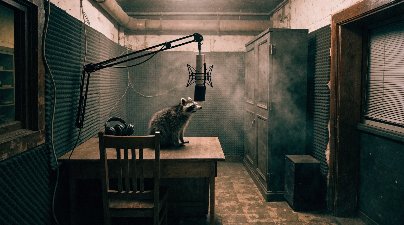 Bahn Podcast Satire: Waschbär sitzt in einem improvisierten Tonstudio neben einem Studiomikrofon