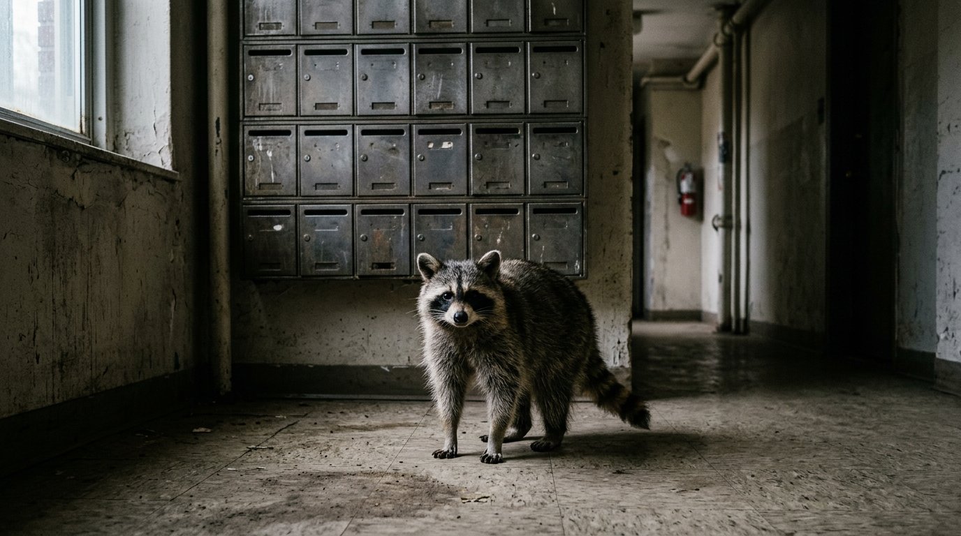 Post Satire: Waschbär steht vor einer Reihe alter Briefkästen in einem Hausflur